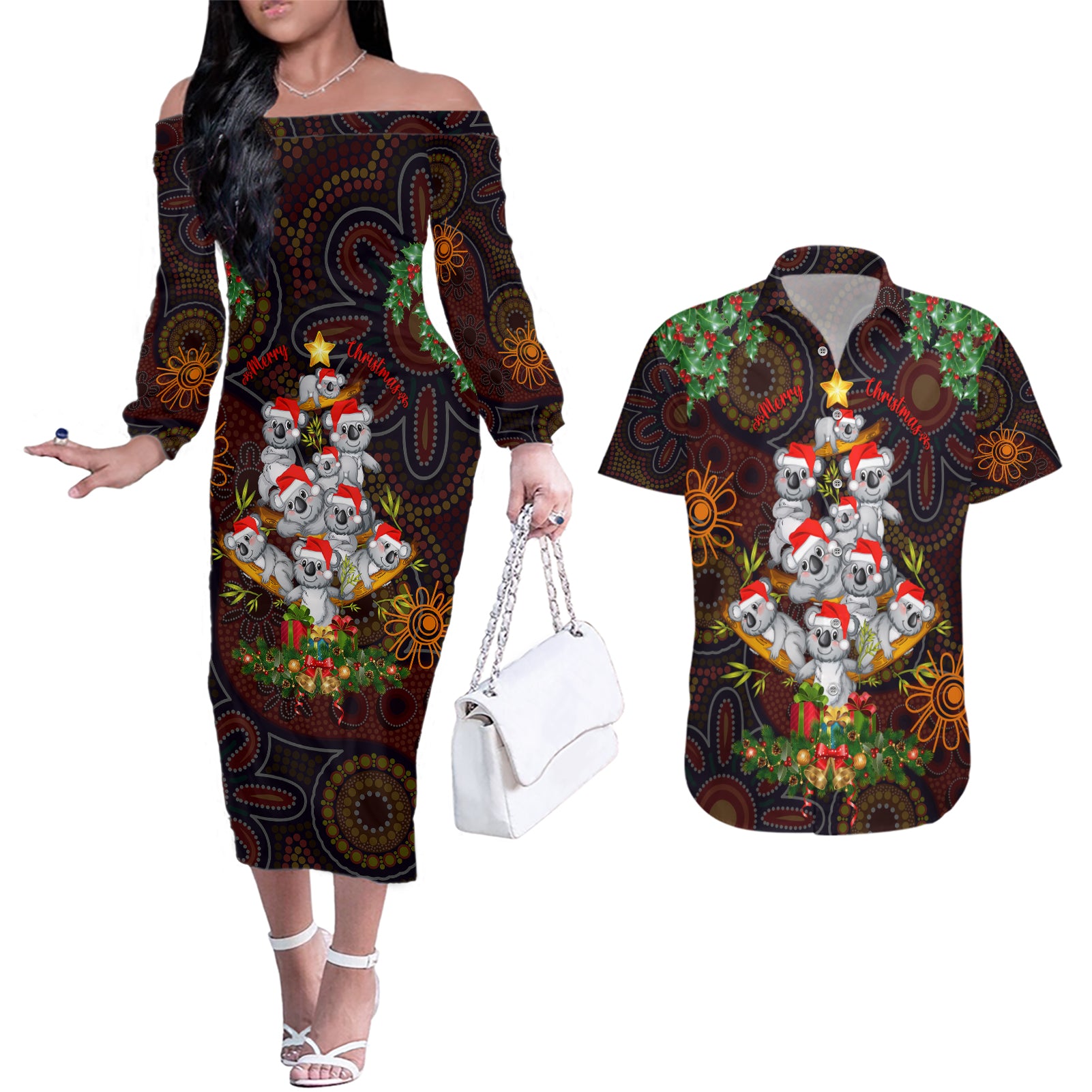 aboriginal-christmas-couples-matching-off-the-shoulder-long-sleeve-dress-and-hawaiian-shirt-aussie-koala-christmas-tree-with-aboriginal-inspired