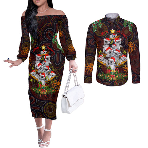 aboriginal-christmas-couples-matching-off-the-shoulder-long-sleeve-dress-and-long-sleeve-button-shirts-aussie-koala-christmas-tree-with-aboriginal-inspired