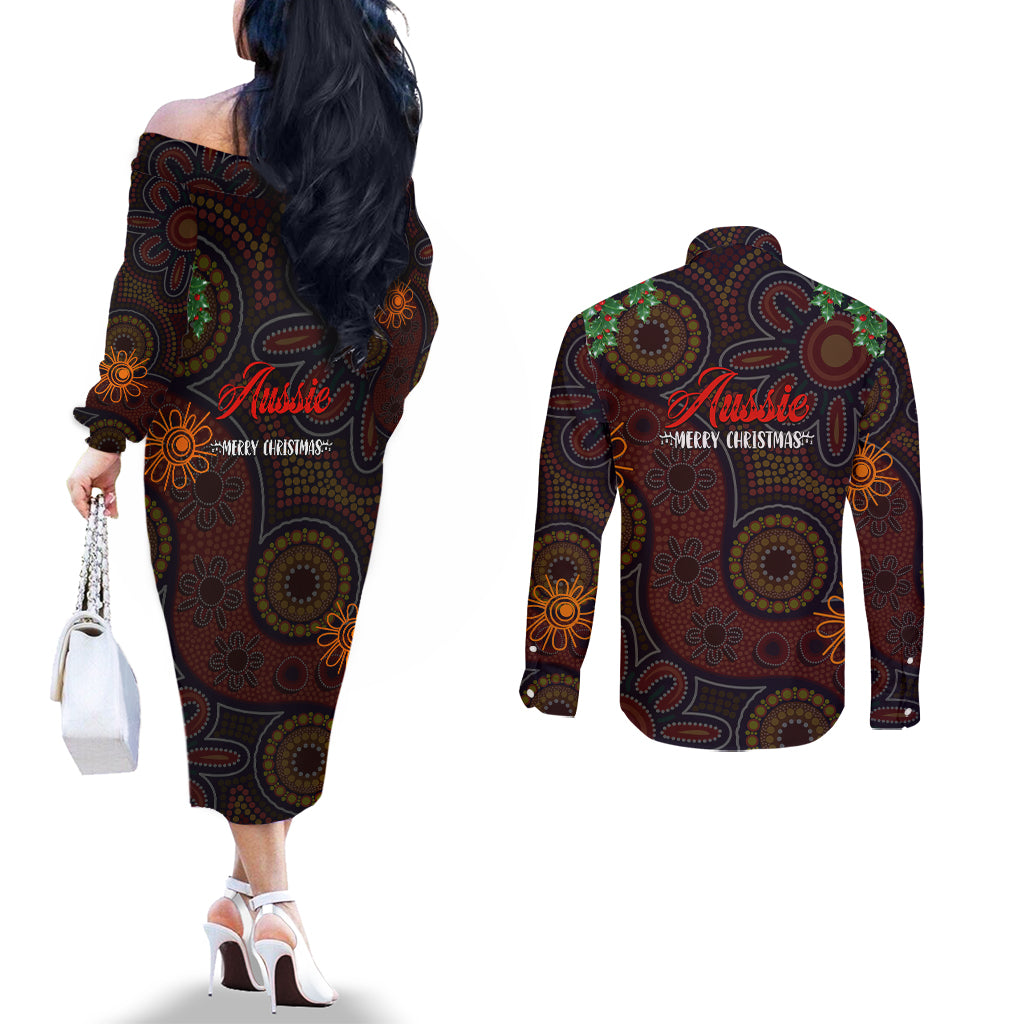 aboriginal-christmas-couples-matching-off-the-shoulder-long-sleeve-dress-and-long-sleeve-button-shirts-aussie-koala-christmas-tree-with-aboriginal-inspired