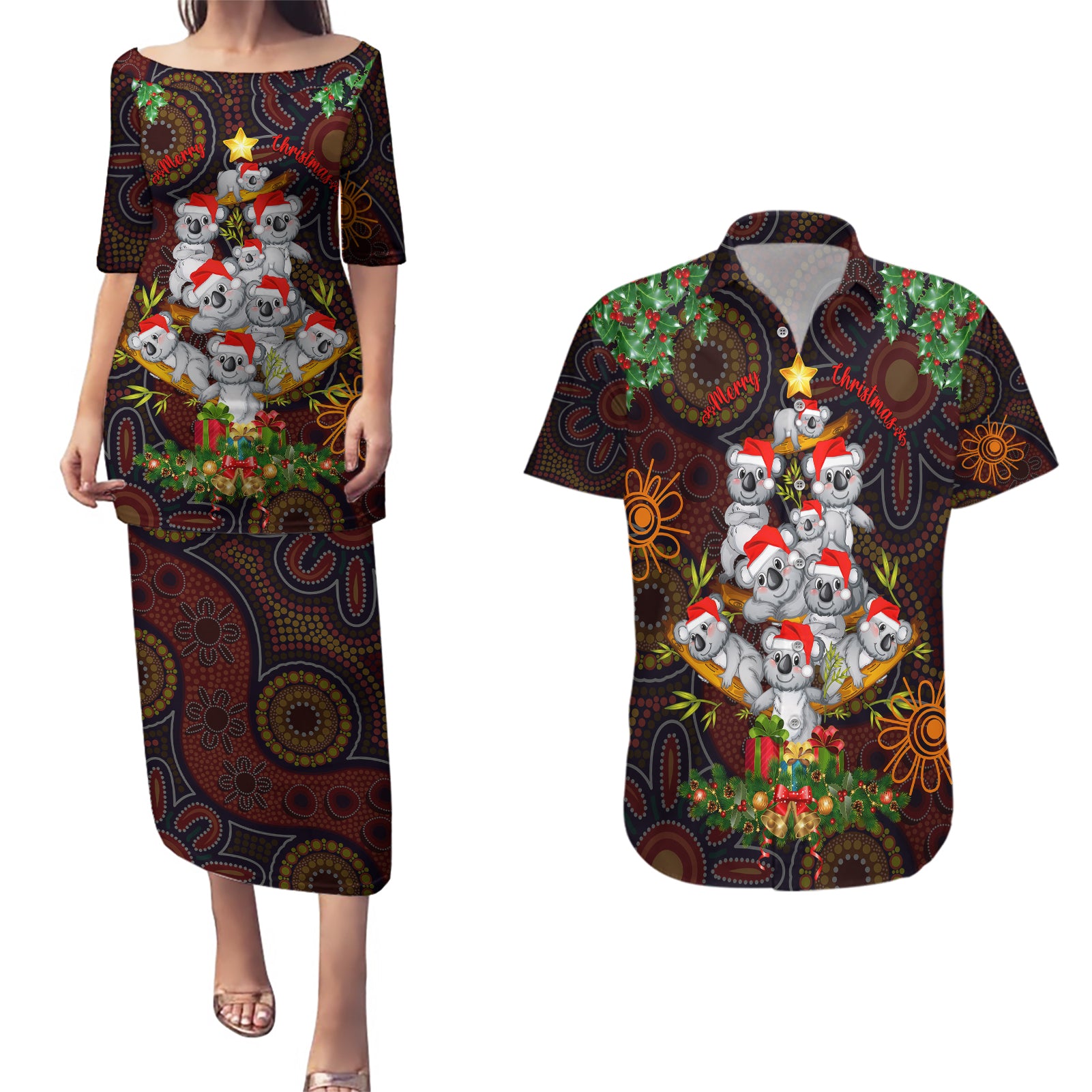 aboriginal-christmas-couples-matching-puletasi-dress-and-hawaiian-shirt-aussie-koala-christmas-tree-with-aboriginal-inspired