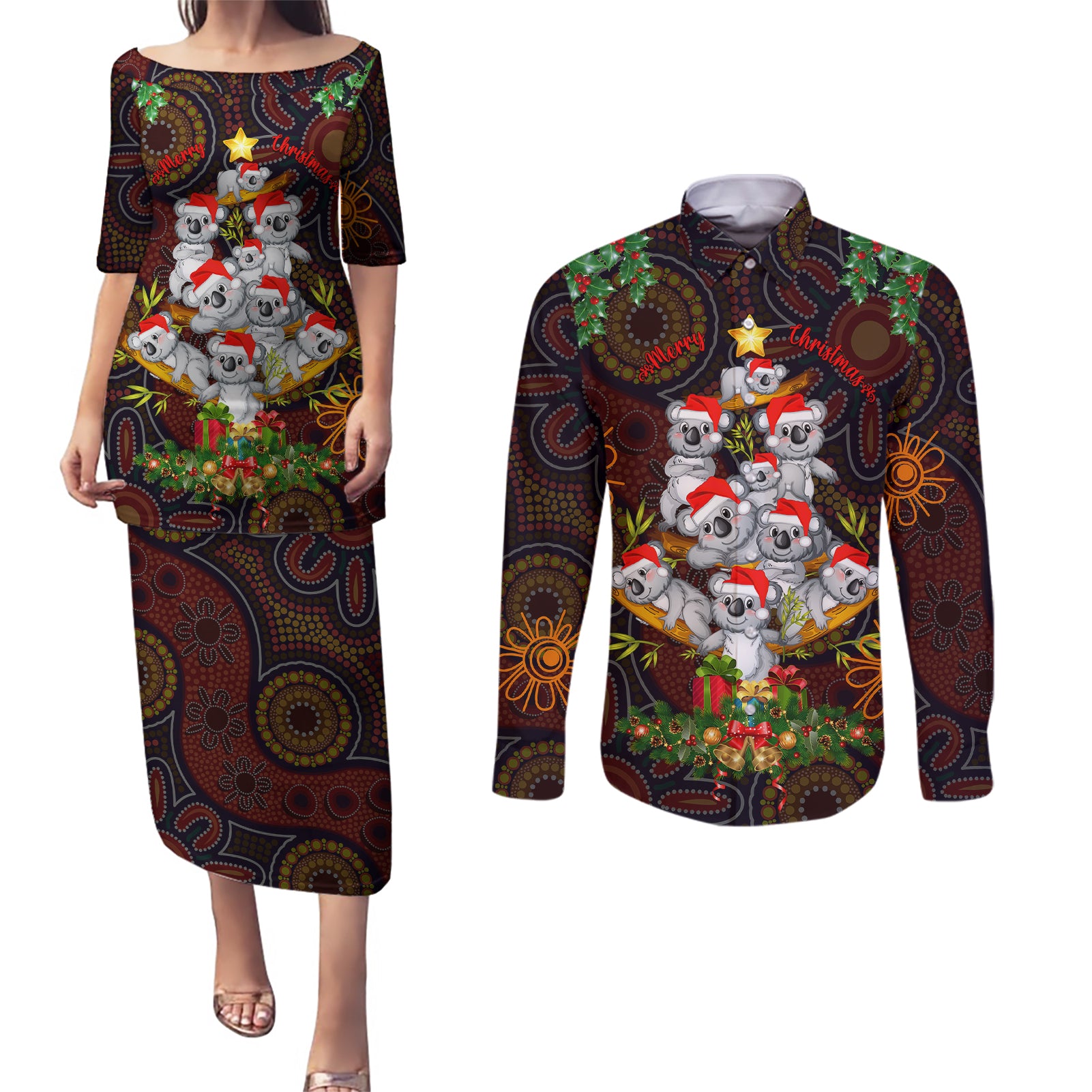 aboriginal-christmas-couples-matching-puletasi-dress-and-long-sleeve-button-shirts-aussie-koala-christmas-tree-with-aboriginal-inspired