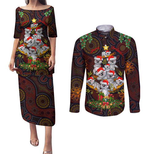 aboriginal-christmas-couples-matching-puletasi-dress-and-long-sleeve-button-shirts-aussie-koala-christmas-tree-with-aboriginal-inspired