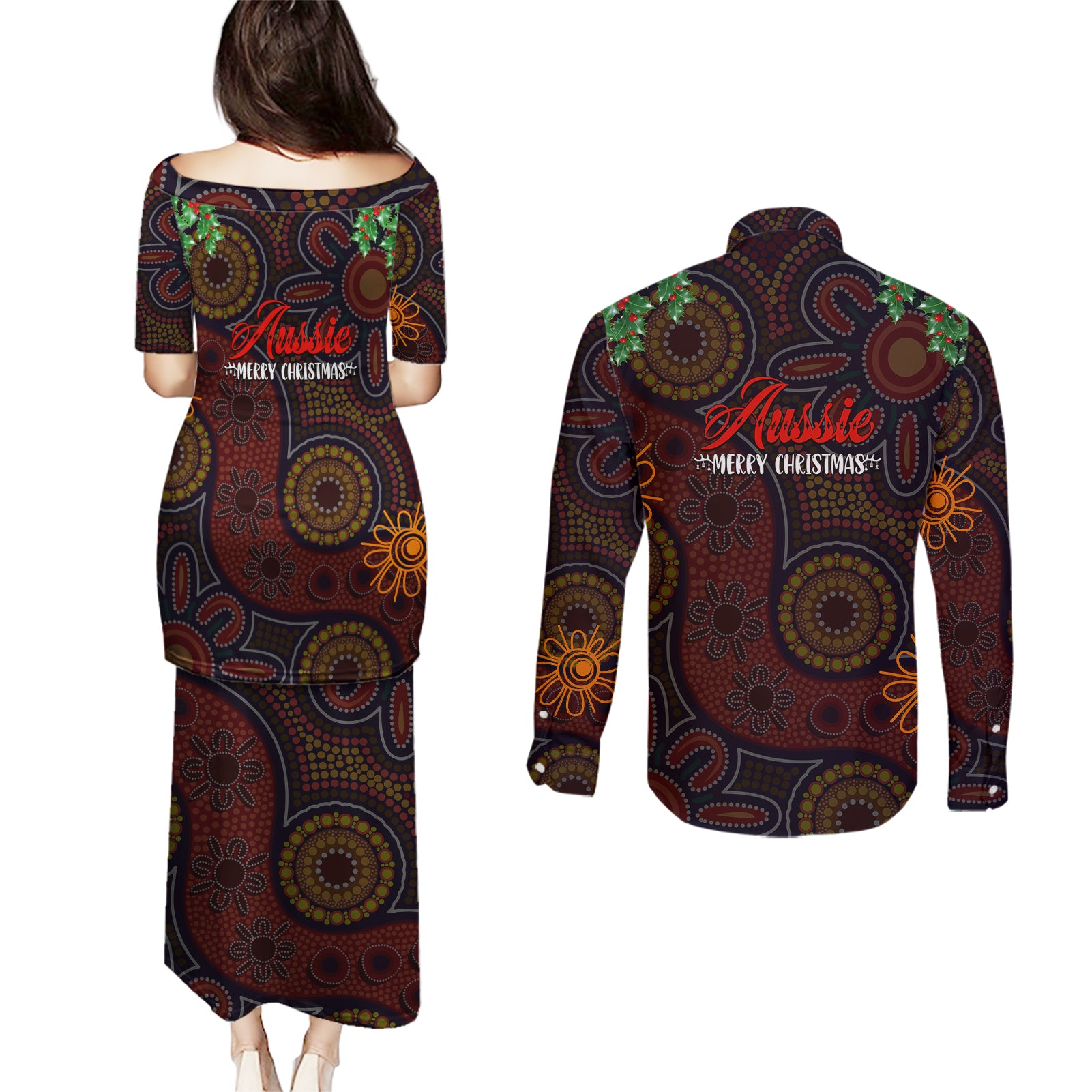 aboriginal-christmas-couples-matching-puletasi-dress-and-long-sleeve-button-shirts-aussie-koala-christmas-tree-with-aboriginal-inspired