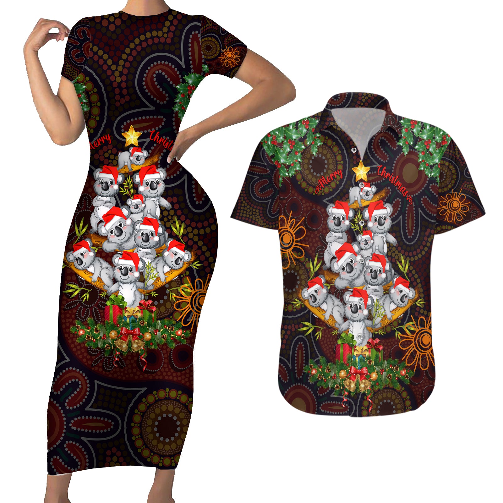 aboriginal-christmas-couples-matching-short-sleeve-bodycon-dress-and-hawaiian-shirt-aussie-koala-christmas-tree-with-aboriginal-inspired