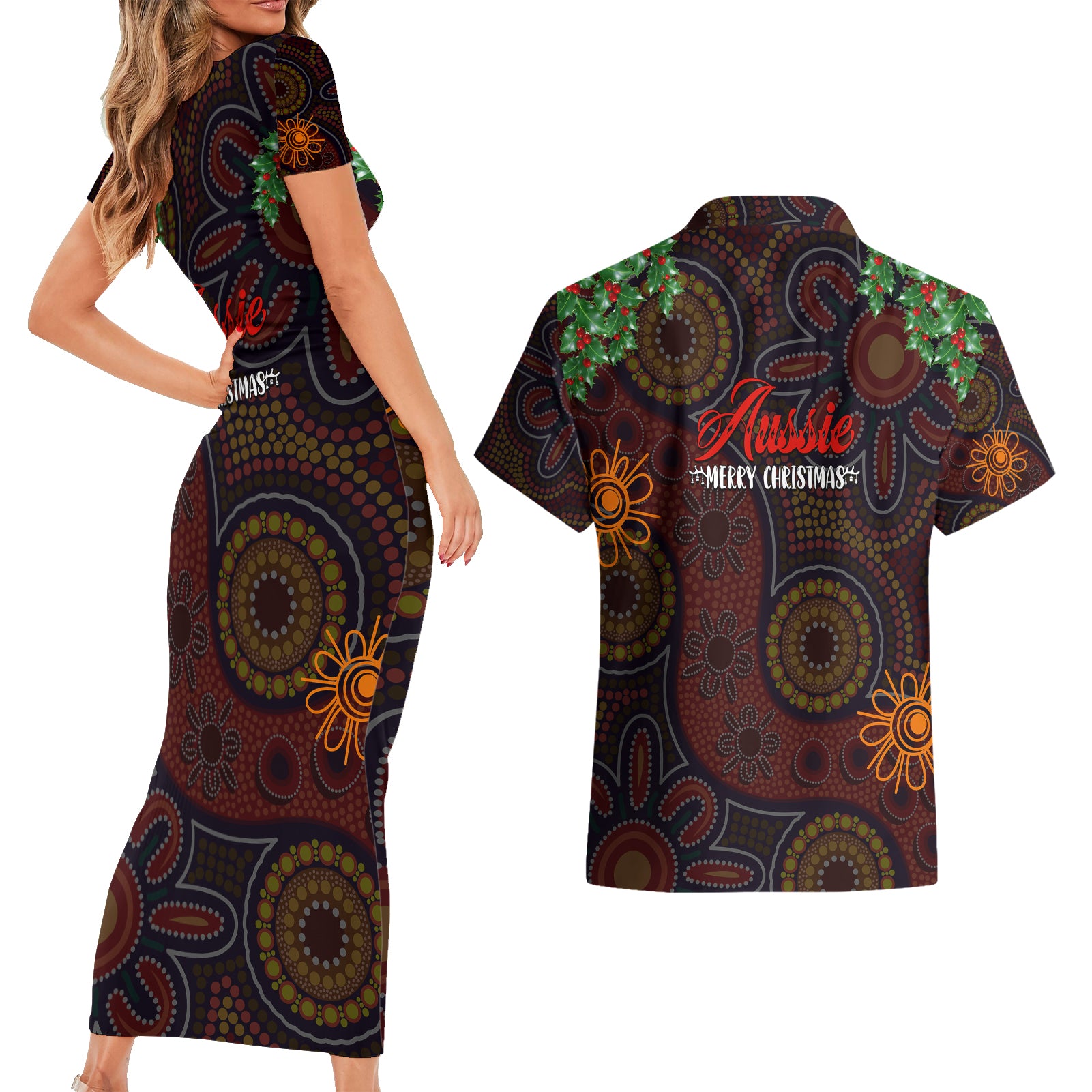 aboriginal-christmas-couples-matching-short-sleeve-bodycon-dress-and-hawaiian-shirt-aussie-koala-christmas-tree-with-aboriginal-inspired
