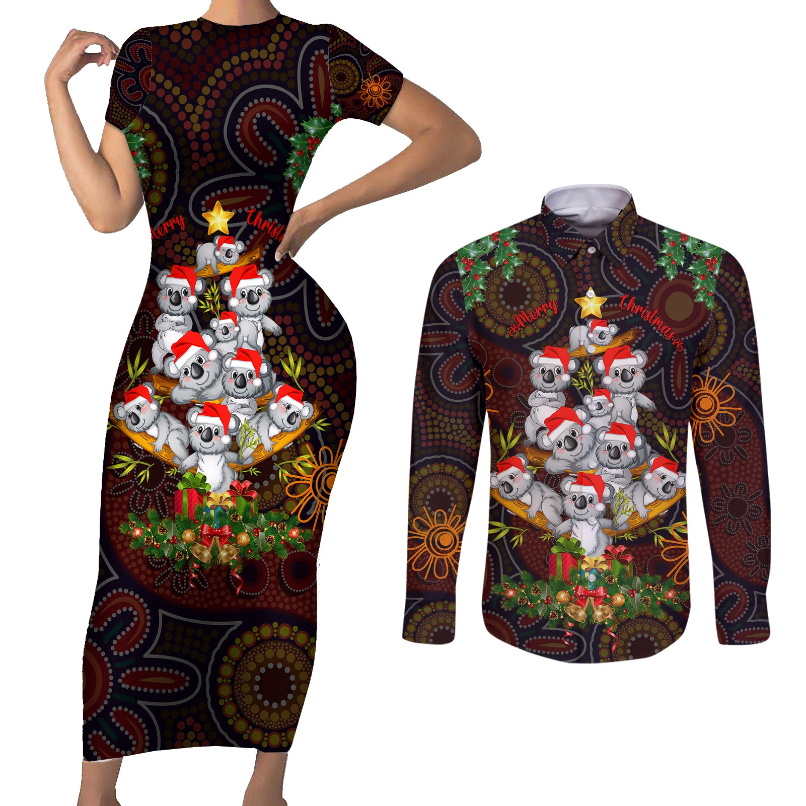 aboriginal-christmas-couples-matching-short-sleeve-bodycon-dress-and-long-sleeve-button-shirts-aussie-koala-christmas-tree-with-aboriginal-inspired