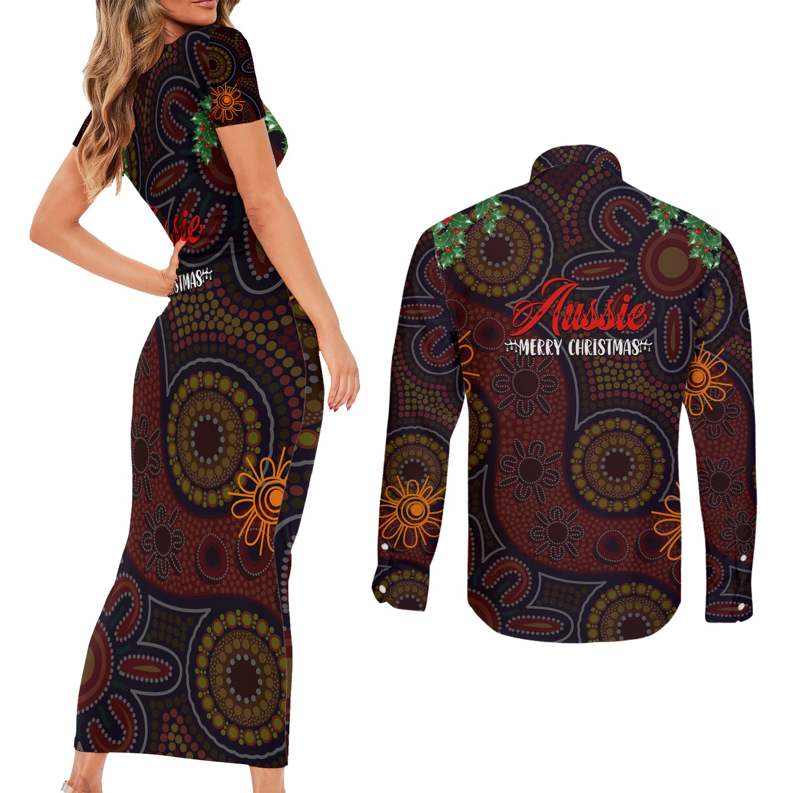 aboriginal-christmas-couples-matching-short-sleeve-bodycon-dress-and-long-sleeve-button-shirts-aussie-koala-christmas-tree-with-aboriginal-inspired