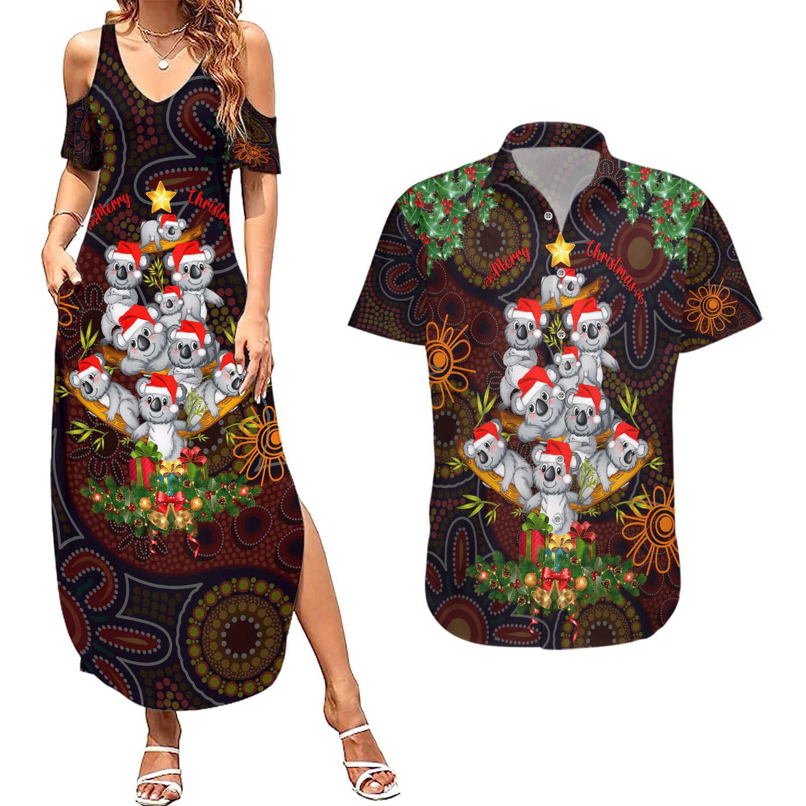 aboriginal-christmas-couples-matching-summer-maxi-dress-and-hawaiian-shirt-aussie-koala-christmas-tree-with-aboriginal-inspired