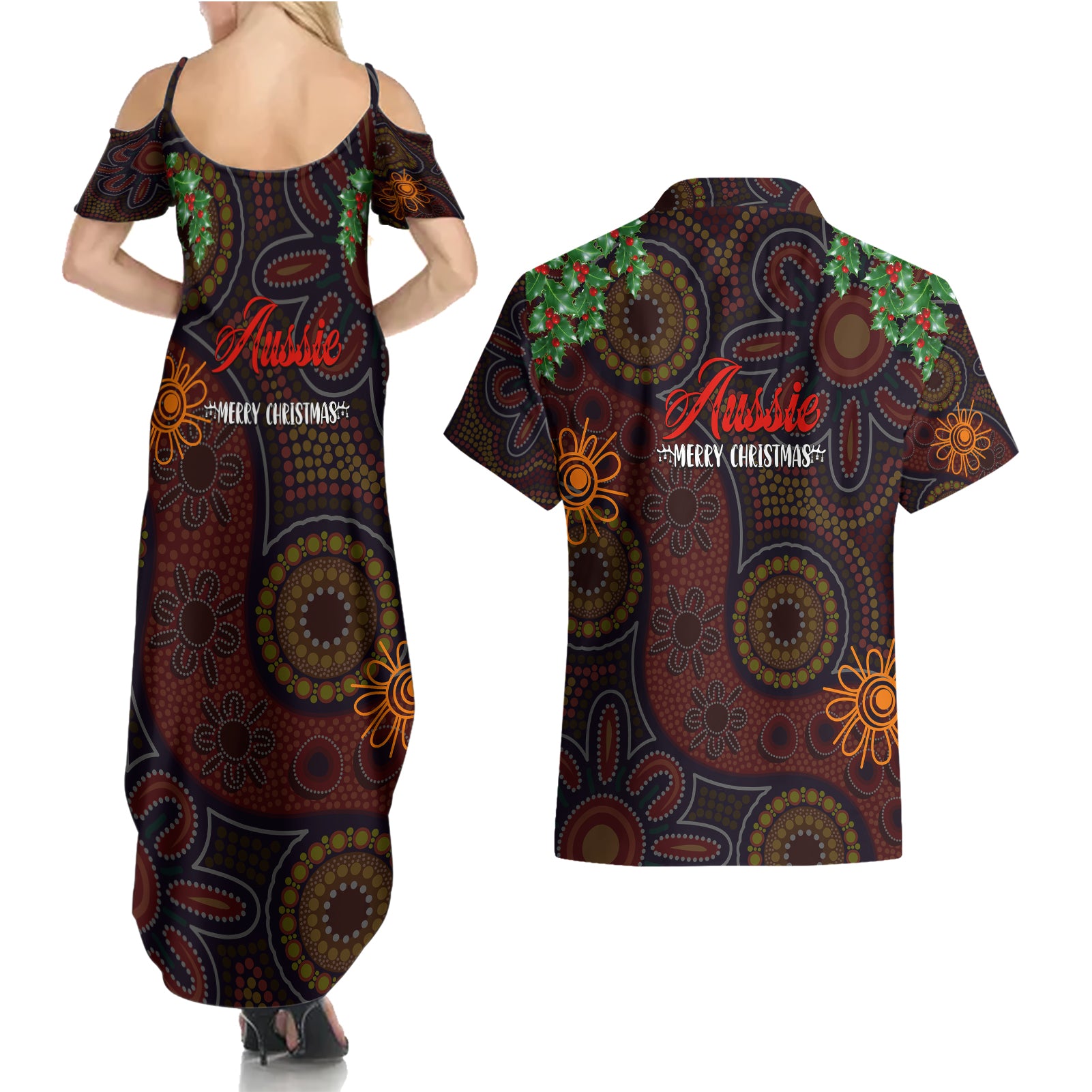 aboriginal-christmas-couples-matching-summer-maxi-dress-and-hawaiian-shirt-aussie-koala-christmas-tree-with-aboriginal-inspired