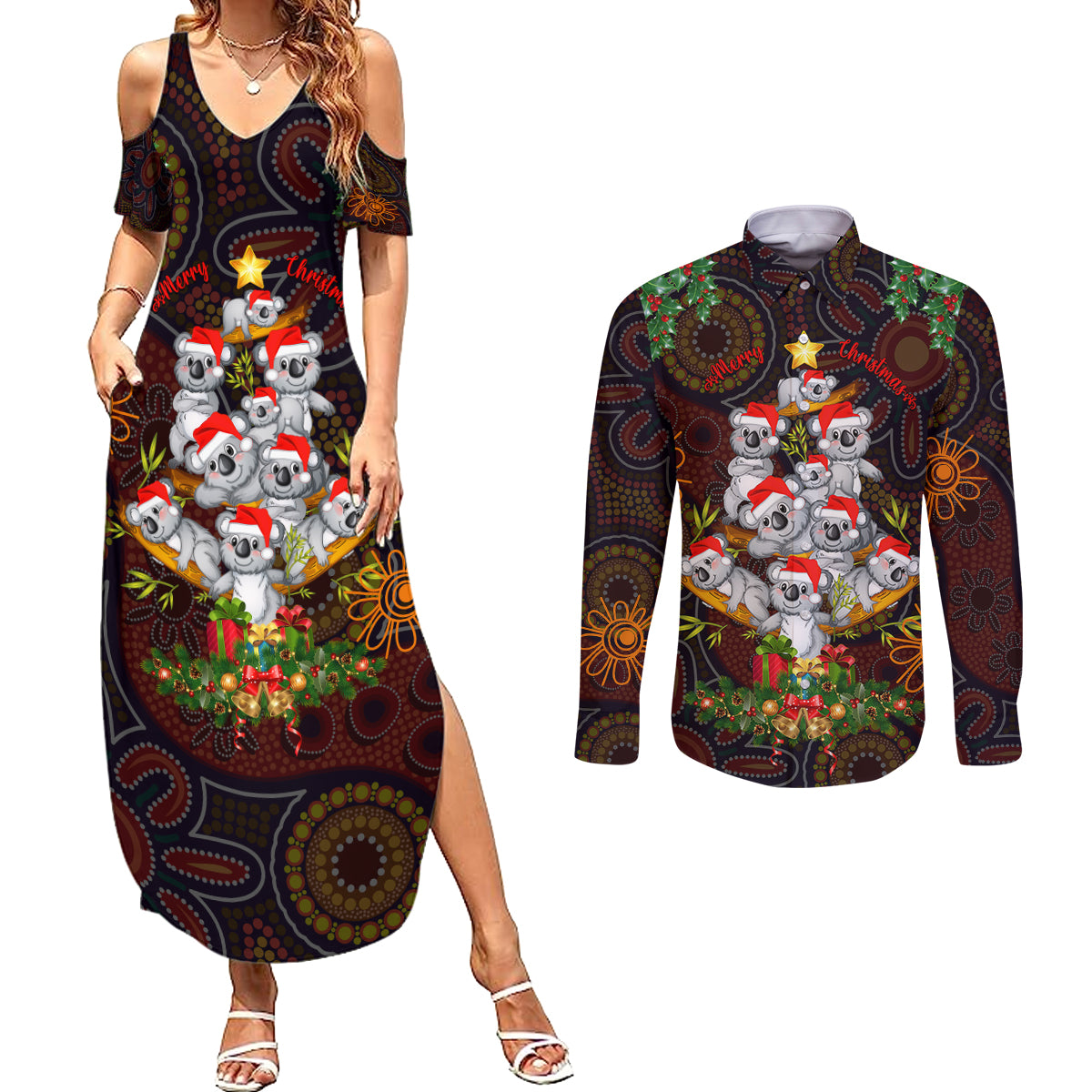 aboriginal-christmas-couples-matching-summer-maxi-dress-and-long-sleeve-button-shirts-aussie-koala-christmas-tree-with-aboriginal-inspired