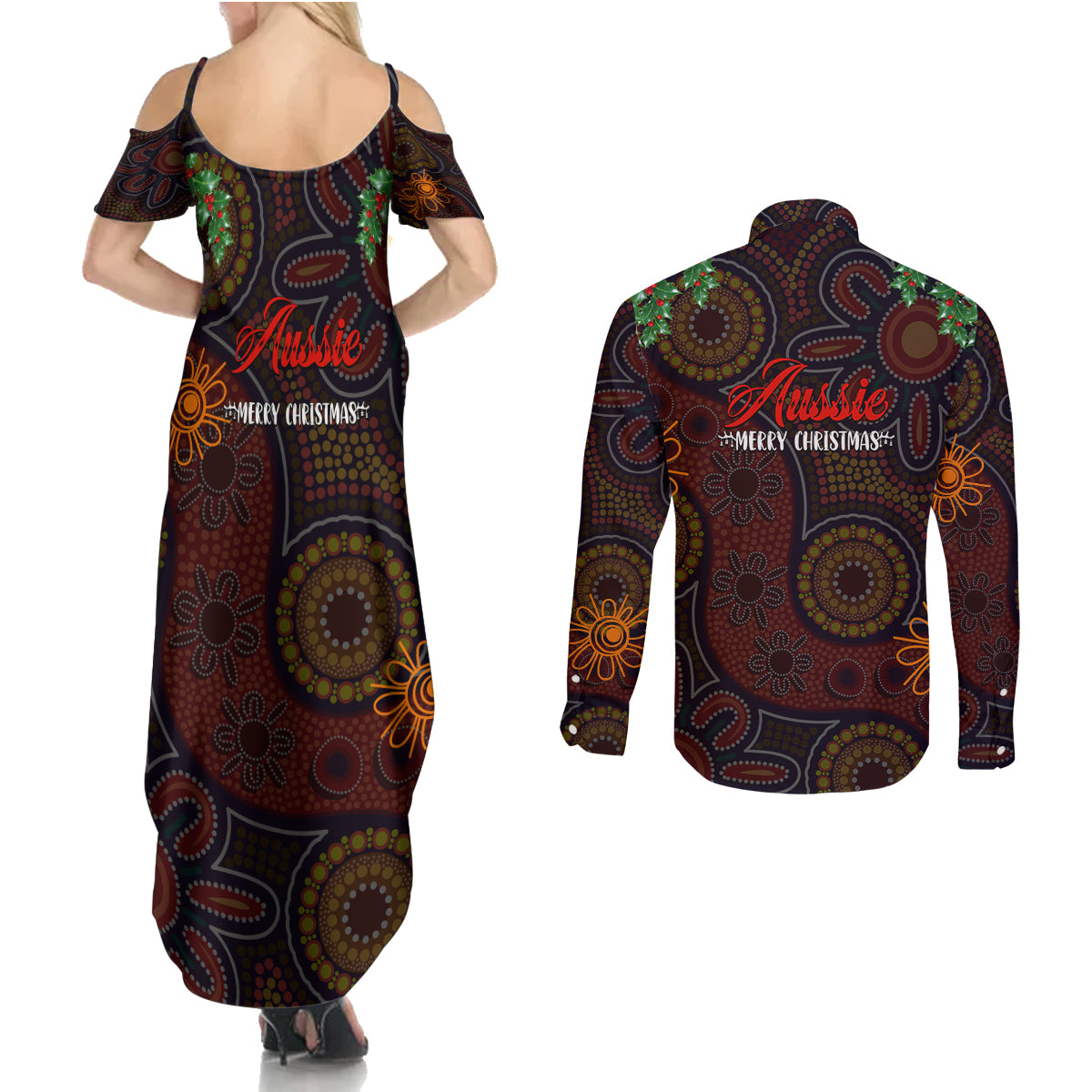 aboriginal-christmas-couples-matching-summer-maxi-dress-and-long-sleeve-button-shirts-aussie-koala-christmas-tree-with-aboriginal-inspired