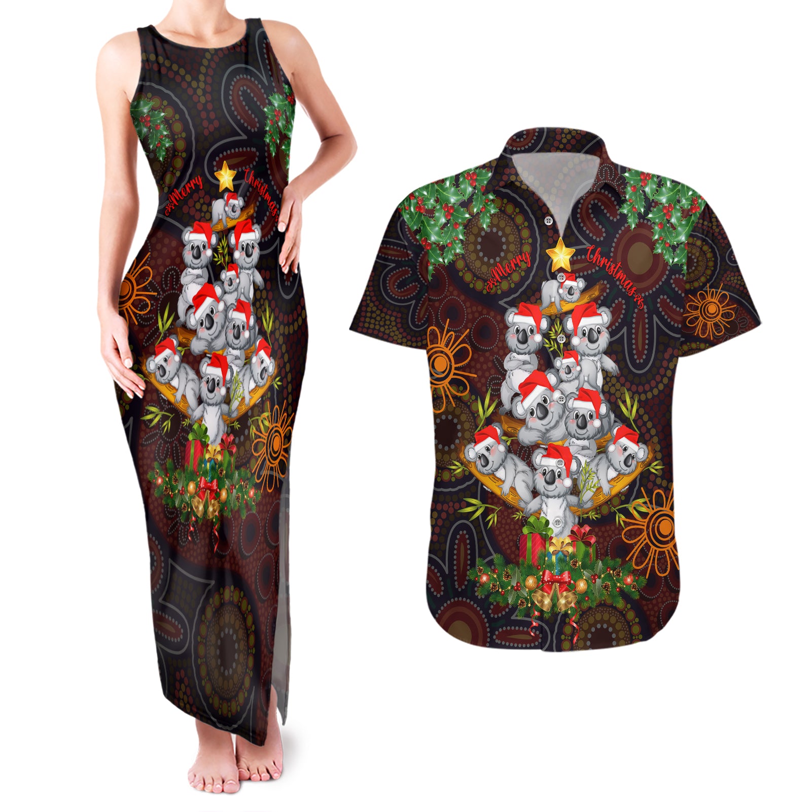 aboriginal-christmas-couples-matching-tank-maxi-dress-and-hawaiian-shirt-aussie-koala-christmas-tree-with-aboriginal-inspired