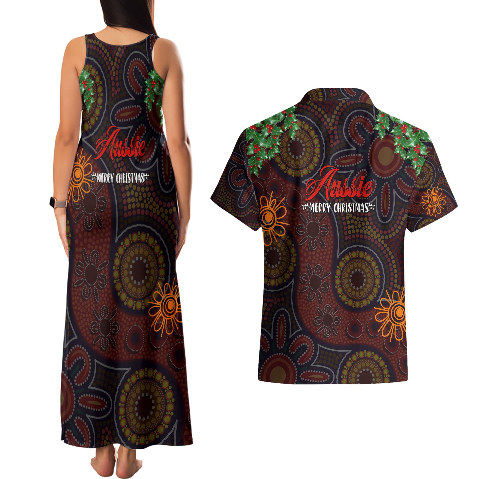 aboriginal-christmas-couples-matching-tank-maxi-dress-and-hawaiian-shirt-aussie-koala-christmas-tree-with-aboriginal-inspired