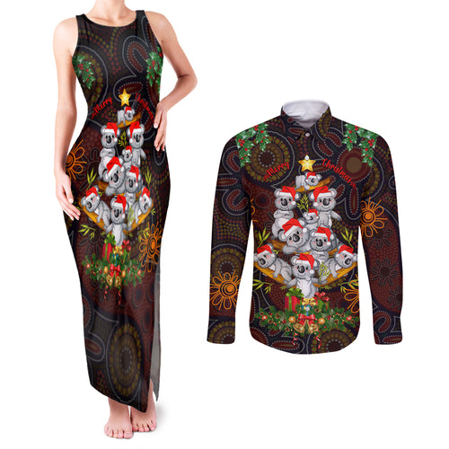 aboriginal-christmas-couples-matching-tank-maxi-dress-and-long-sleeve-button-shirts-aussie-koala-christmas-tree-with-aboriginal-inspired