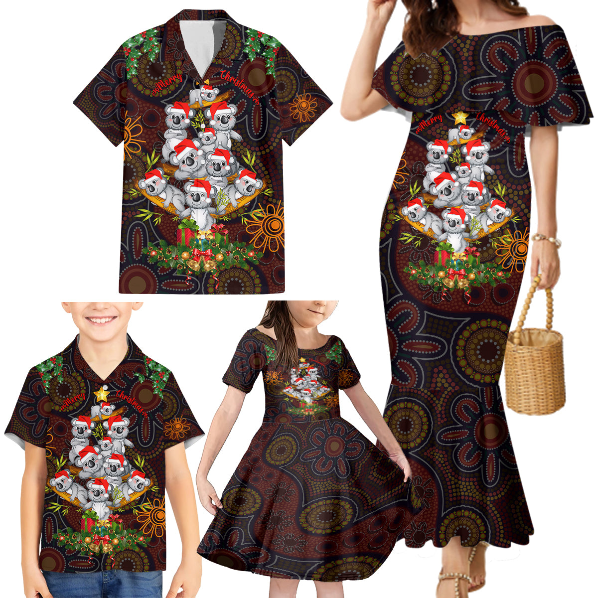 aboriginal-christmas-family-matching-mermaid-dress-and-hawaiian-shirt-aussie-koala-christmas-tree-with-aboriginal-inspired
