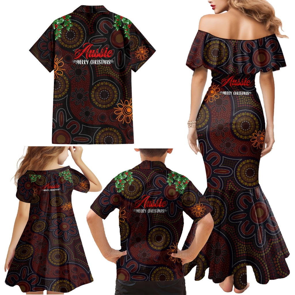 aboriginal-christmas-family-matching-mermaid-dress-and-hawaiian-shirt-aussie-koala-christmas-tree-with-aboriginal-inspired