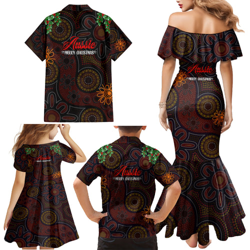 aboriginal-christmas-family-matching-mermaid-dress-and-hawaiian-shirt-aussie-koala-christmas-tree-with-aboriginal-inspired