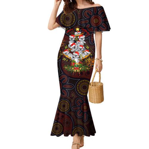aboriginal-christmas-family-matching-mermaid-dress-and-hawaiian-shirt-aussie-koala-christmas-tree-with-aboriginal-inspired