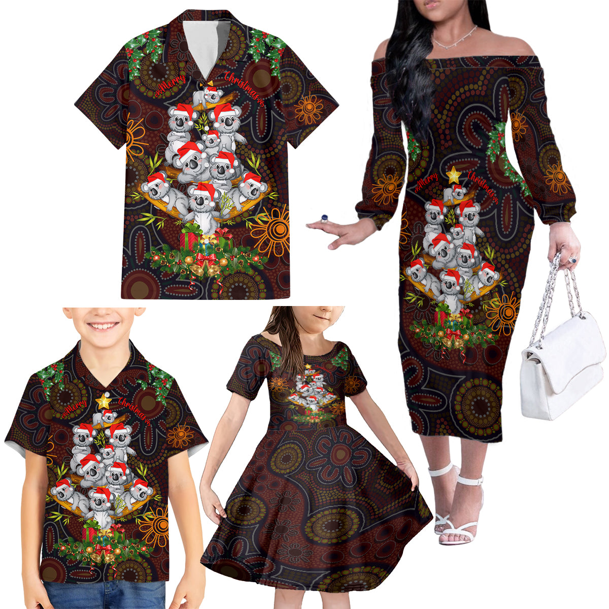 aboriginal-christmas-family-matching-off-shoulder-long-sleeve-dress-and-hawaiian-shirt-aussie-koala-christmas-tree-with-aboriginal-inspired