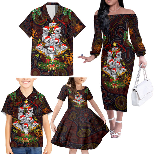 aboriginal-christmas-family-matching-off-shoulder-long-sleeve-dress-and-hawaiian-shirt-aussie-koala-christmas-tree-with-aboriginal-inspired