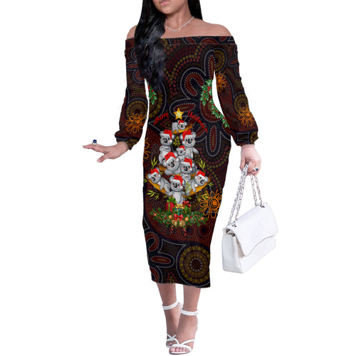 aboriginal-christmas-family-matching-off-shoulder-long-sleeve-dress-and-hawaiian-shirt-aussie-koala-christmas-tree-with-aboriginal-inspired