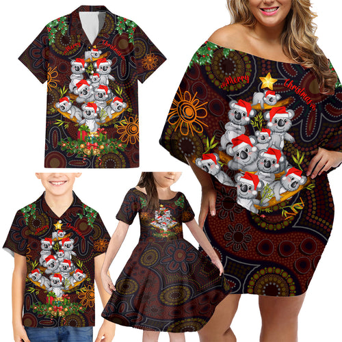 aboriginal-christmas-family-matching-off-shoulder-short-dress-and-hawaiian-shirt-aussie-koala-christmas-tree-with-aboriginal-inspired
