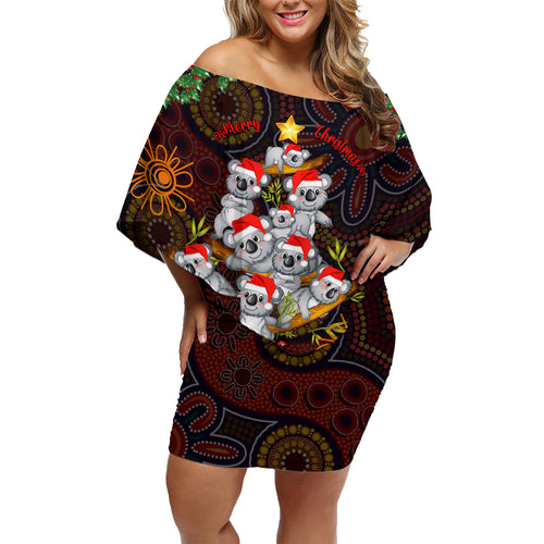 aboriginal-christmas-family-matching-off-shoulder-short-dress-and-hawaiian-shirt-aussie-koala-christmas-tree-with-aboriginal-inspired