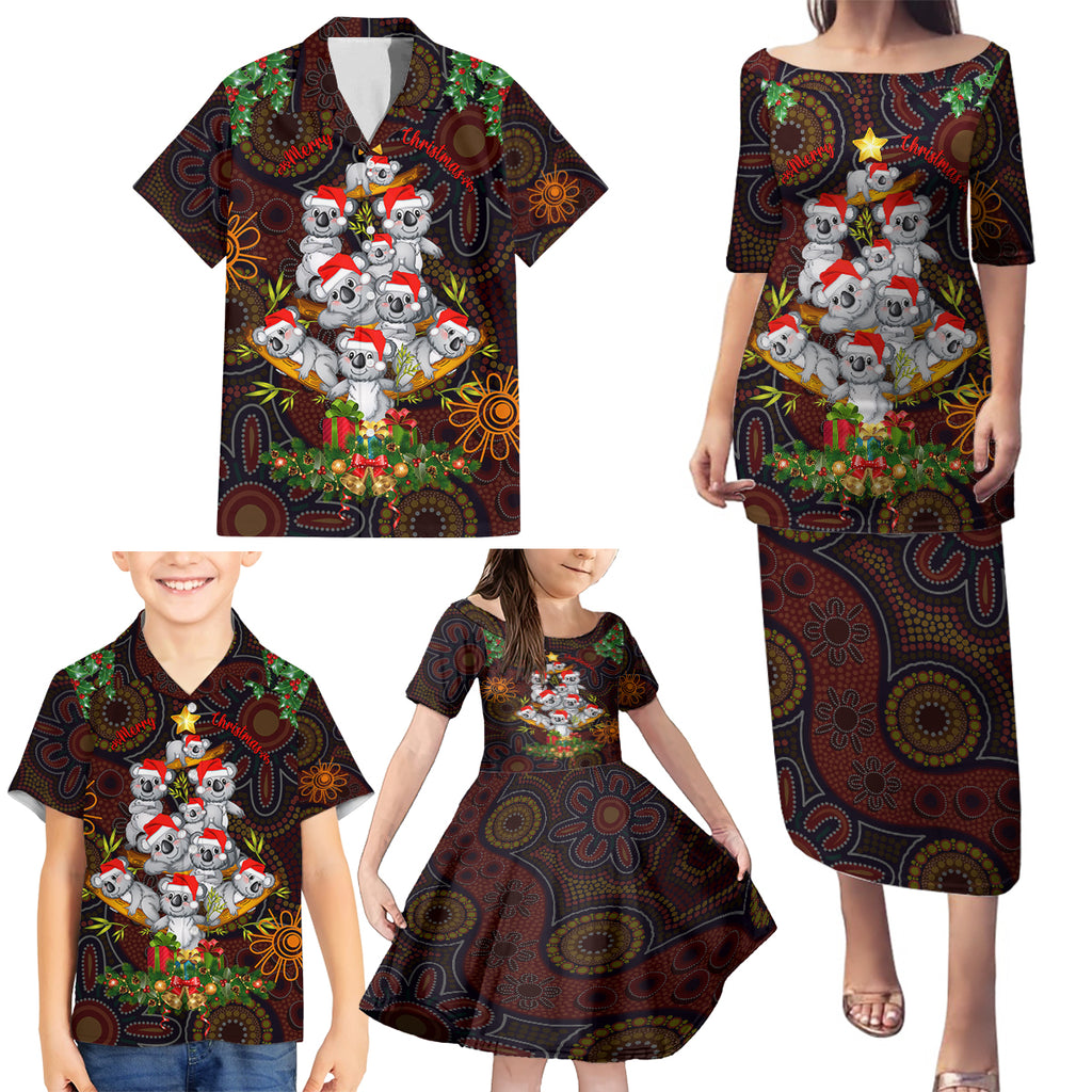 aboriginal-christmas-family-matching-puletasi-dress-and-hawaiian-shirt-aussie-koala-christmas-tree-with-aboriginal-inspired