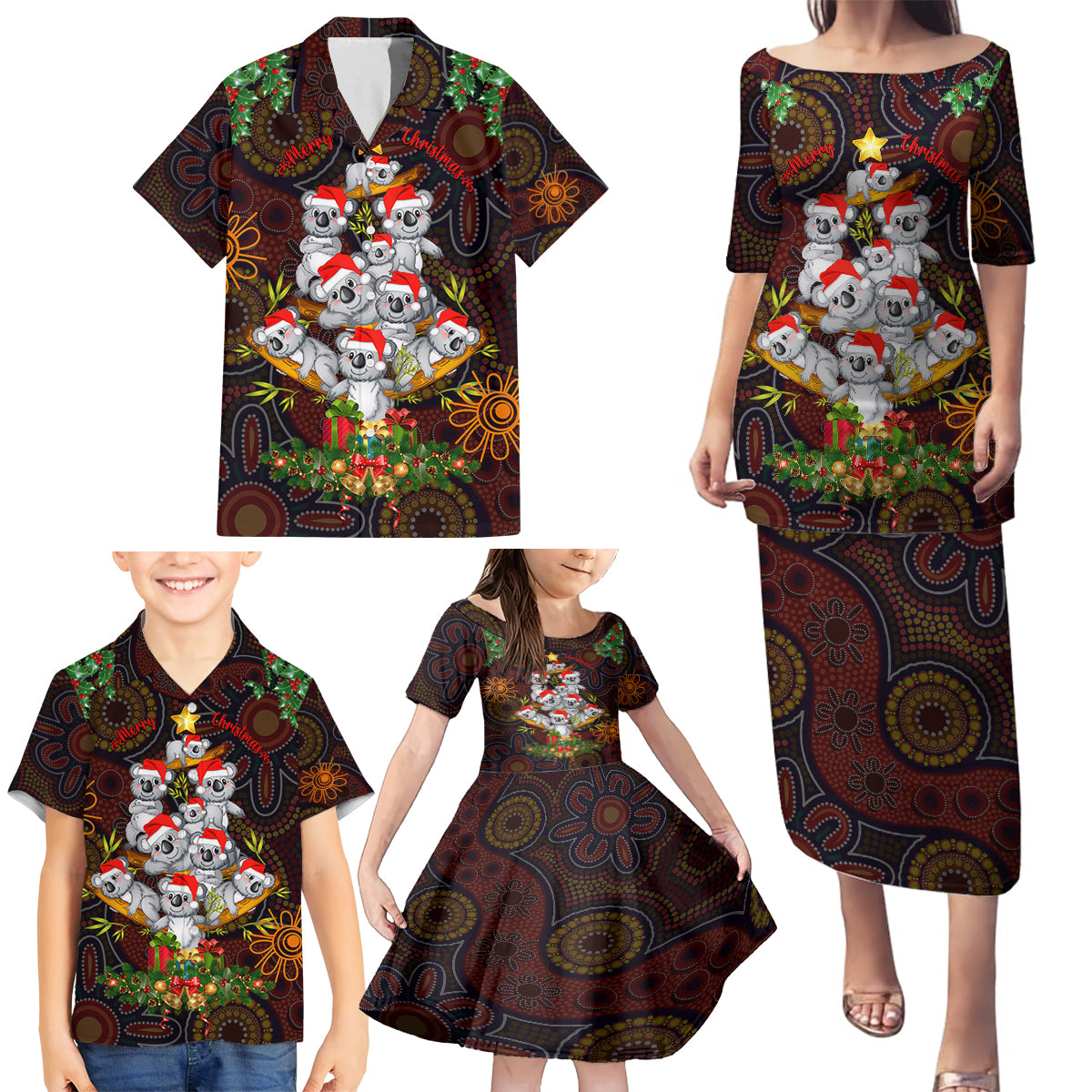 aboriginal-christmas-family-matching-puletasi-dress-and-hawaiian-shirt-aussie-koala-christmas-tree-with-aboriginal-inspired