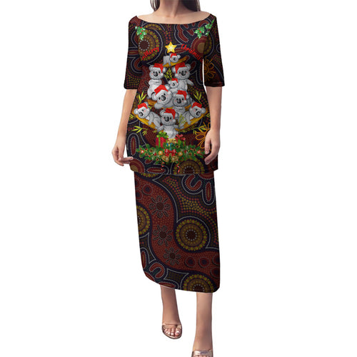 aboriginal-christmas-family-matching-puletasi-dress-and-hawaiian-shirt-aussie-koala-christmas-tree-with-aboriginal-inspired