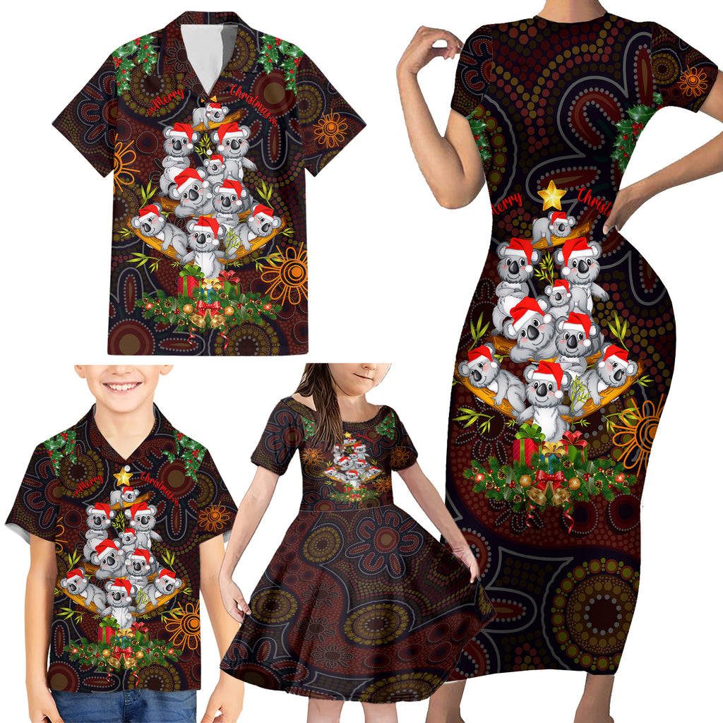 aboriginal-christmas-family-matching-short-sleeve-bodycon-dress-and-hawaiian-shirt-aussie-koala-christmas-tree-with-aboriginal-inspired