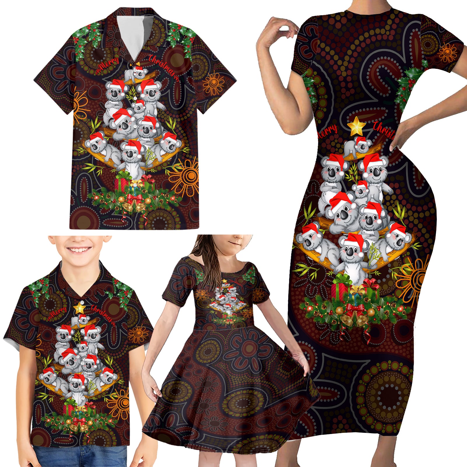 aboriginal-christmas-family-matching-short-sleeve-bodycon-dress-and-hawaiian-shirt-aussie-koala-christmas-tree-with-aboriginal-inspired