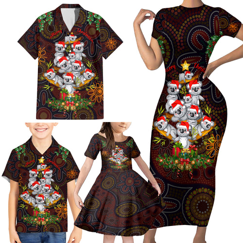 aboriginal-christmas-family-matching-short-sleeve-bodycon-dress-and-hawaiian-shirt-aussie-koala-christmas-tree-with-aboriginal-inspired
