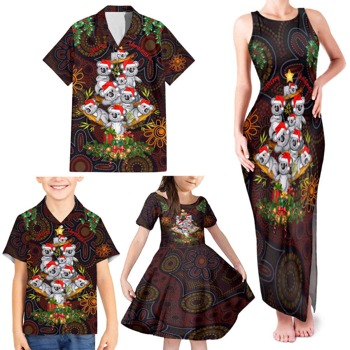 aboriginal-christmas-family-matching-tank-maxi-dress-and-hawaiian-shirt-aussie-koala-christmas-tree-with-aboriginal-inspired