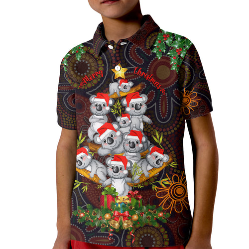aboriginal-christmas-kid-polo-shirt-aussie-koala-christmas-tree-with-aboriginal-inspired
