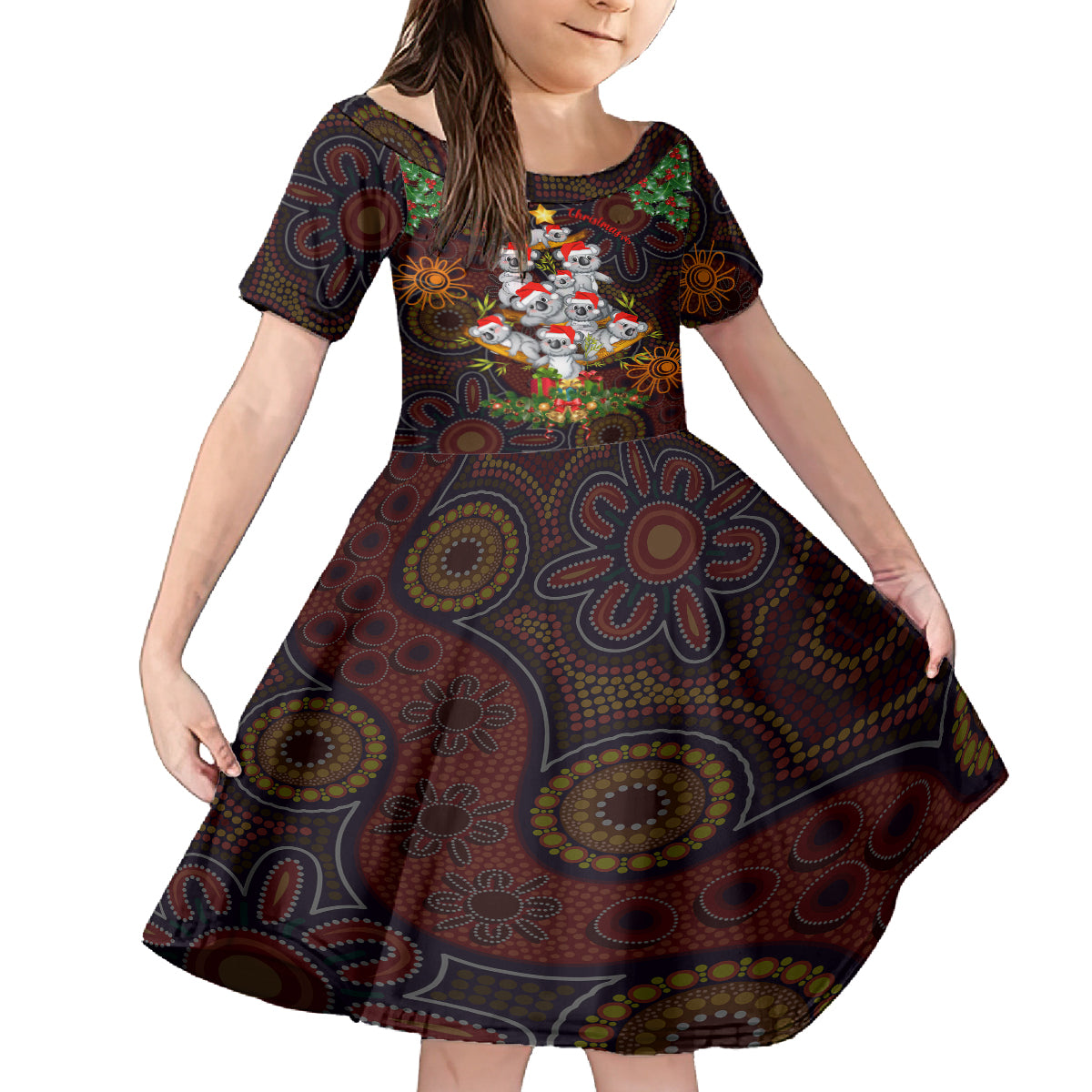 aboriginal-christmas-kid-short-sleeve-dress-aussie-koala-christmas-tree-with-aboriginal-inspired