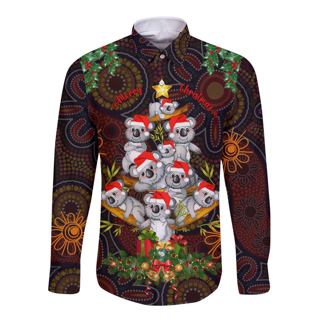 aboriginal-christmas-long-sleeve-button-shirt-aussie-koala-christmas-tree-with-aboriginal-inspired