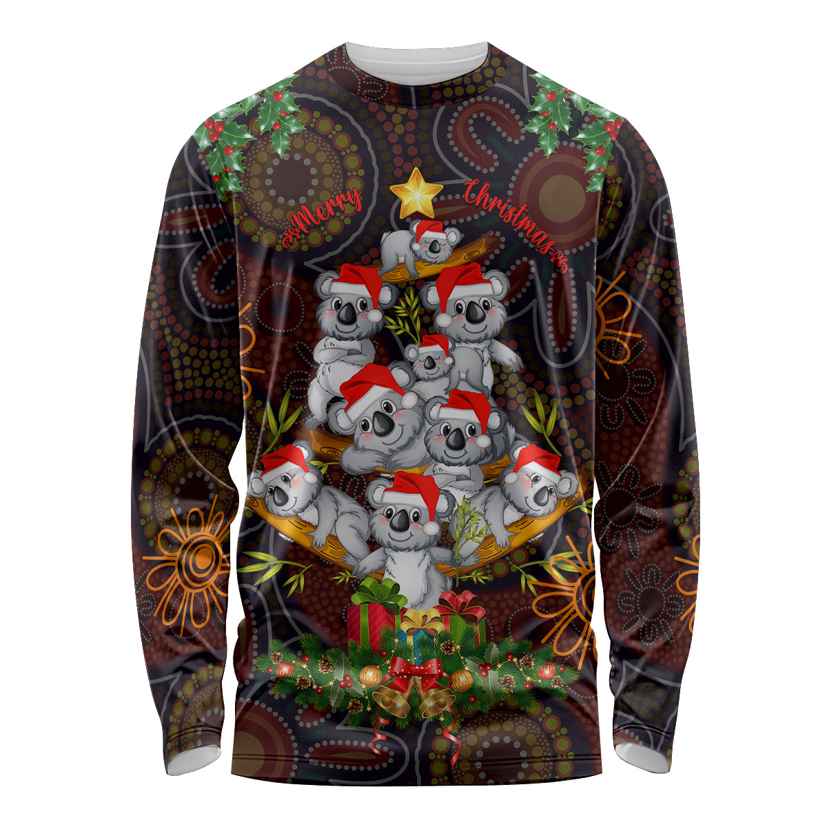 aboriginal-christmas-long-sleeve-shirt-aussie-koala-christmas-tree-with-aboriginal-inspired