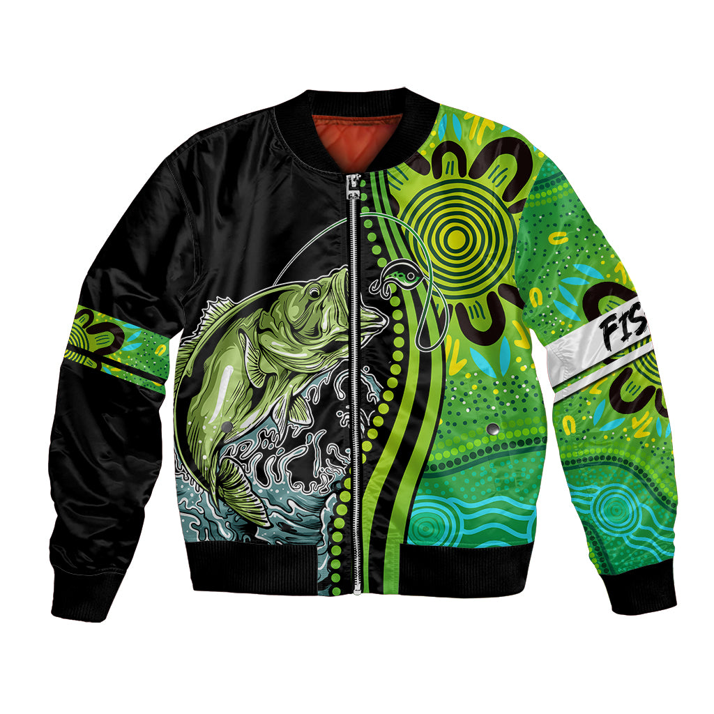 australia-fishing-bomber-jacket-aboriginal-rise-and-shine-a-bass-fish-jumps-out-of-water-and-aboriginal-patterns-inspired