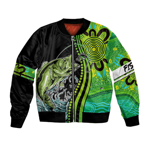 australia-fishing-bomber-jacket-aboriginal-rise-and-shine-a-bass-fish-jumps-out-of-water-and-aboriginal-patterns-inspired