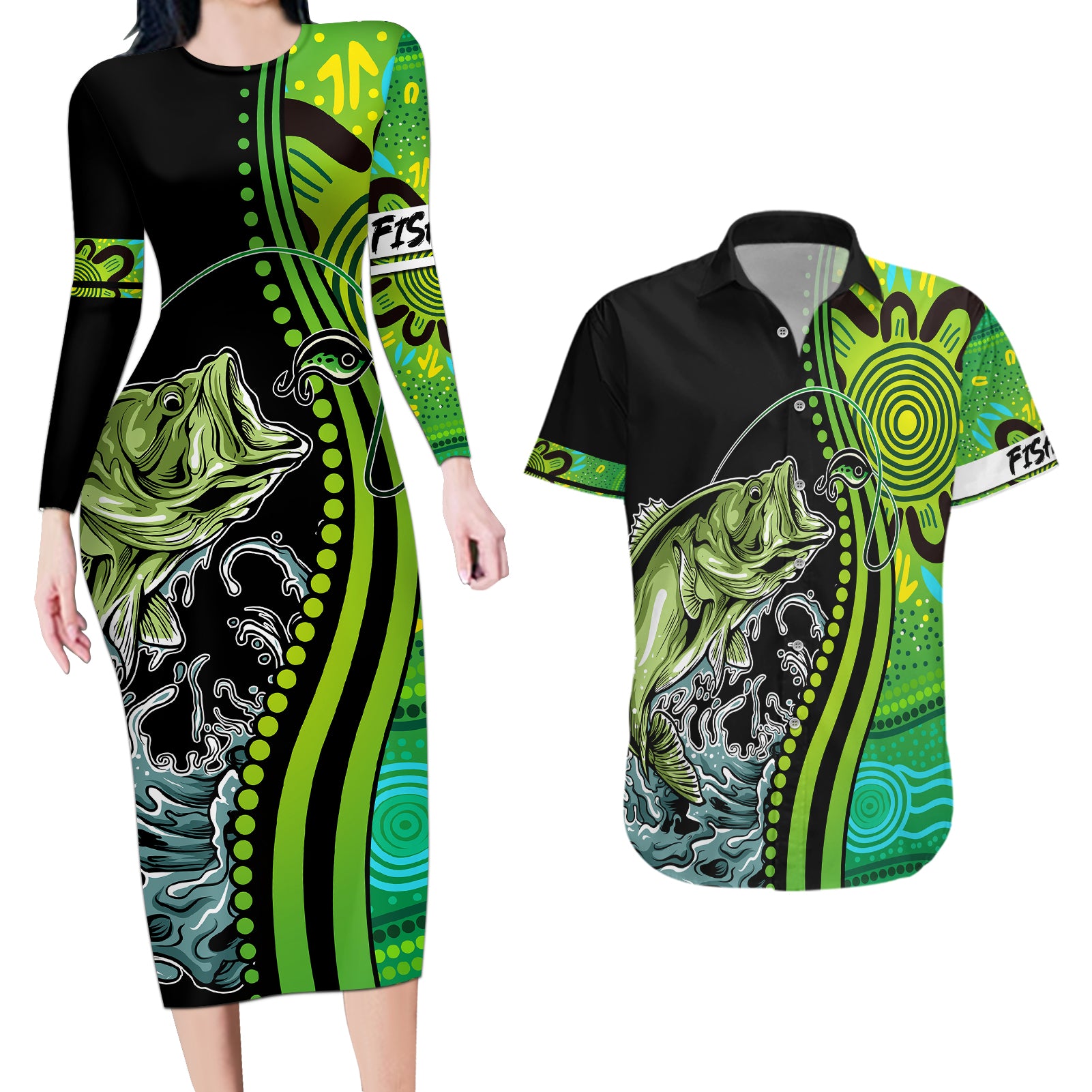 australia-fishing-couples-matching-long-sleeve-bodycon-dress-and-hawaiian-shirt-aboriginal-rise-and-shine-a-bass-fish-jumps-out-of-water-and-aboriginal-patterns-inspired