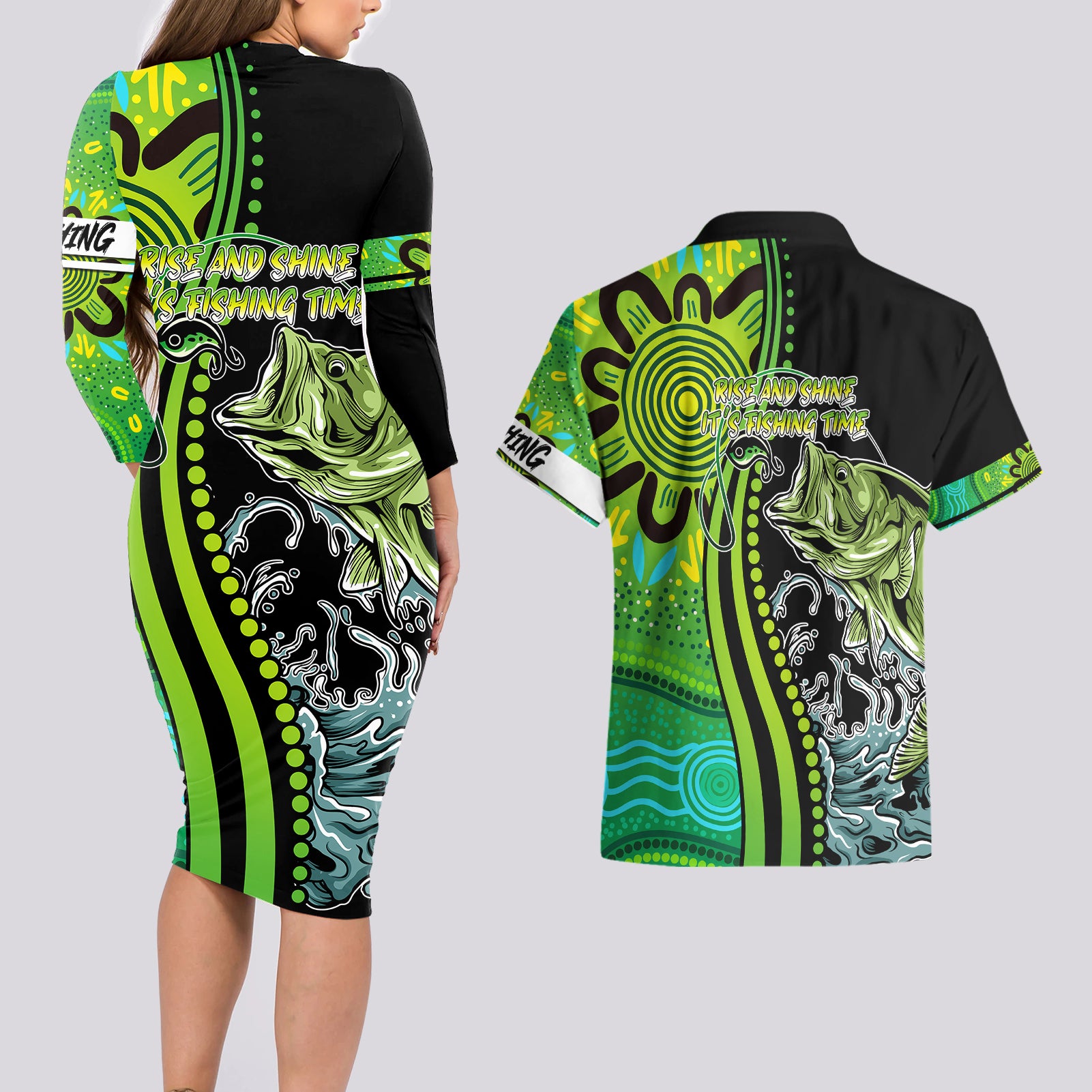 australia-fishing-couples-matching-long-sleeve-bodycon-dress-and-hawaiian-shirt-aboriginal-rise-and-shine-a-bass-fish-jumps-out-of-water-and-aboriginal-patterns-inspired