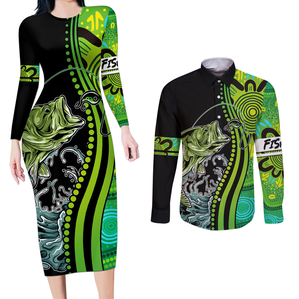 australia-fishing-couples-matching-long-sleeve-bodycon-dress-and-long-sleeve-button-shirts-aboriginal-rise-and-shine-a-bass-fish-jumps-out-of-water-and-aboriginal-patterns-inspired