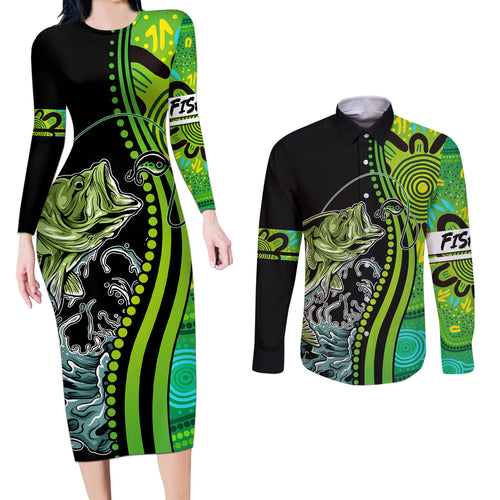 australia-fishing-couples-matching-long-sleeve-bodycon-dress-and-long-sleeve-button-shirts-aboriginal-rise-and-shine-a-bass-fish-jumps-out-of-water-and-aboriginal-patterns-inspired