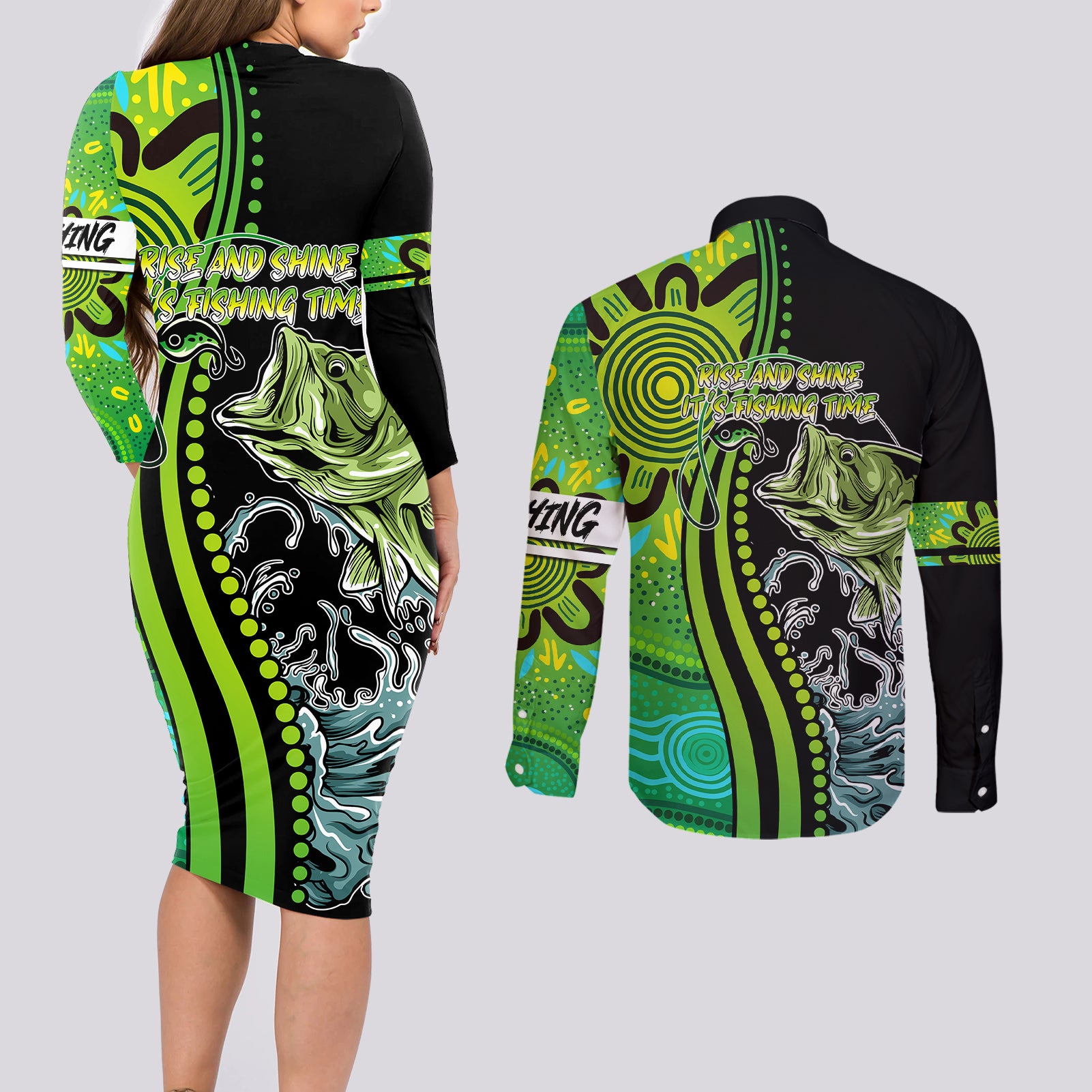 australia-fishing-couples-matching-long-sleeve-bodycon-dress-and-long-sleeve-button-shirts-aboriginal-rise-and-shine-a-bass-fish-jumps-out-of-water-and-aboriginal-patterns-inspired