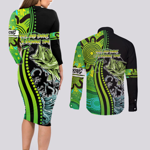 australia-fishing-couples-matching-long-sleeve-bodycon-dress-and-long-sleeve-button-shirts-aboriginal-rise-and-shine-a-bass-fish-jumps-out-of-water-and-aboriginal-patterns-inspired