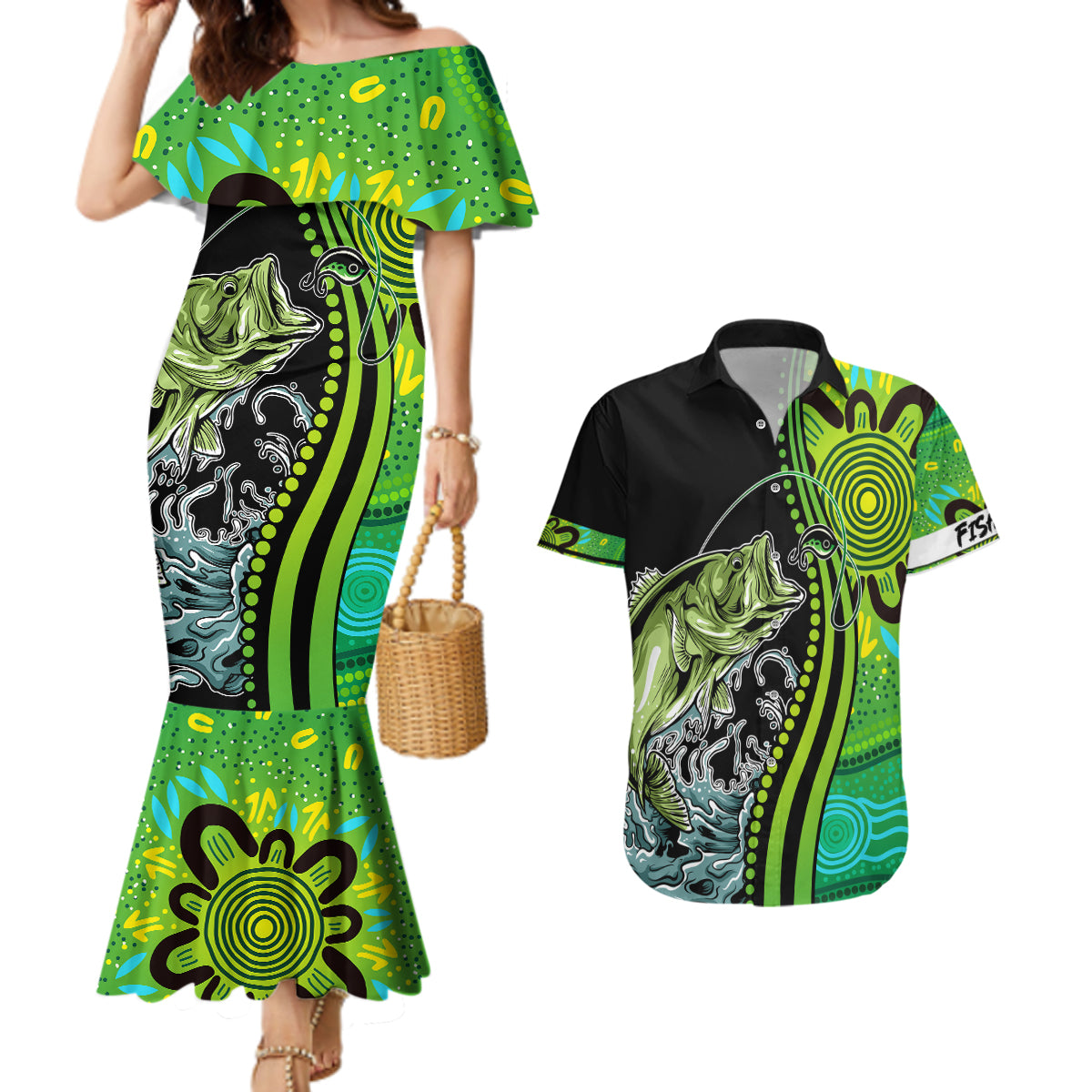 australia-fishing-couples-matching-mermaid-dress-and-hawaiian-shirt-aboriginal-rise-and-shine-a-bass-fish-jumps-out-of-water-and-aboriginal-patterns-inspired