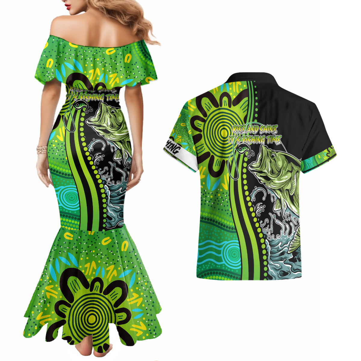 australia-fishing-couples-matching-mermaid-dress-and-hawaiian-shirt-aboriginal-rise-and-shine-a-bass-fish-jumps-out-of-water-and-aboriginal-patterns-inspired