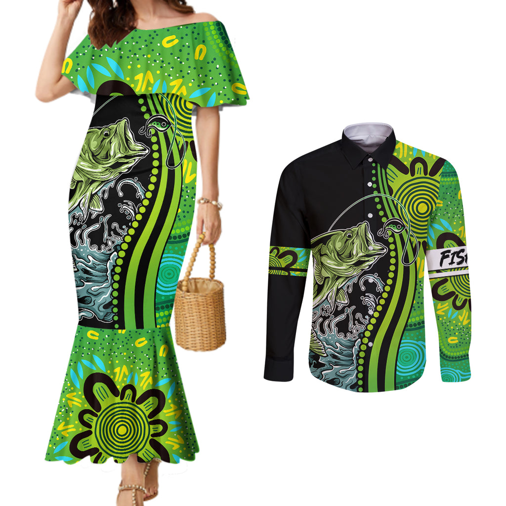 australia-fishing-couples-matching-mermaid-dress-and-long-sleeve-button-shirts-aboriginal-rise-and-shine-a-bass-fish-jumps-out-of-water-and-aboriginal-patterns-inspired