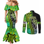 australia-fishing-couples-matching-mermaid-dress-and-long-sleeve-button-shirts-aboriginal-rise-and-shine-a-bass-fish-jumps-out-of-water-and-aboriginal-patterns-inspired